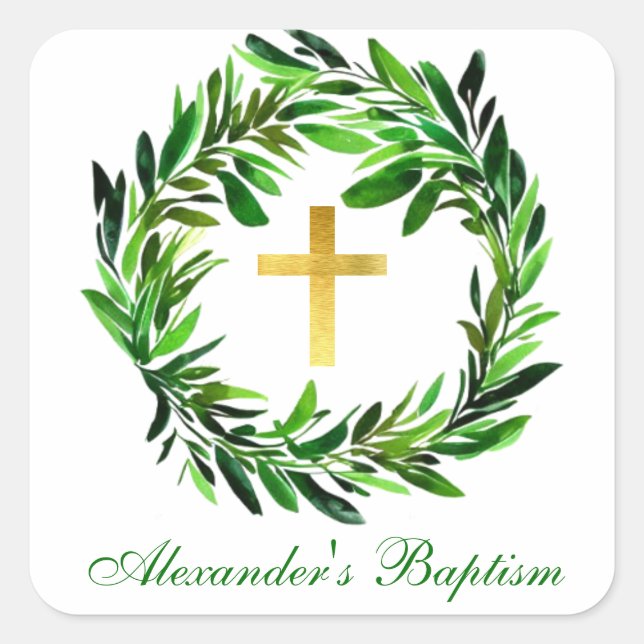 Baptism Greenery  Faux Gold Cross Foliage Wreath Square Sticker (Front)