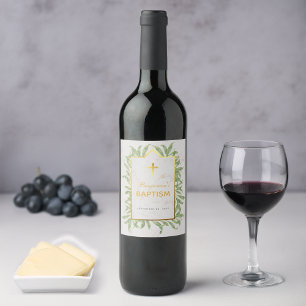 Baptism Greenery Faux Gold Cross Marble Botanical  Wine Label