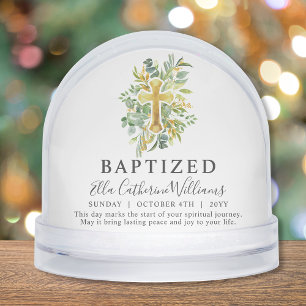 Baptism Greenery Floral Gold Cross Custom  Snowglobe