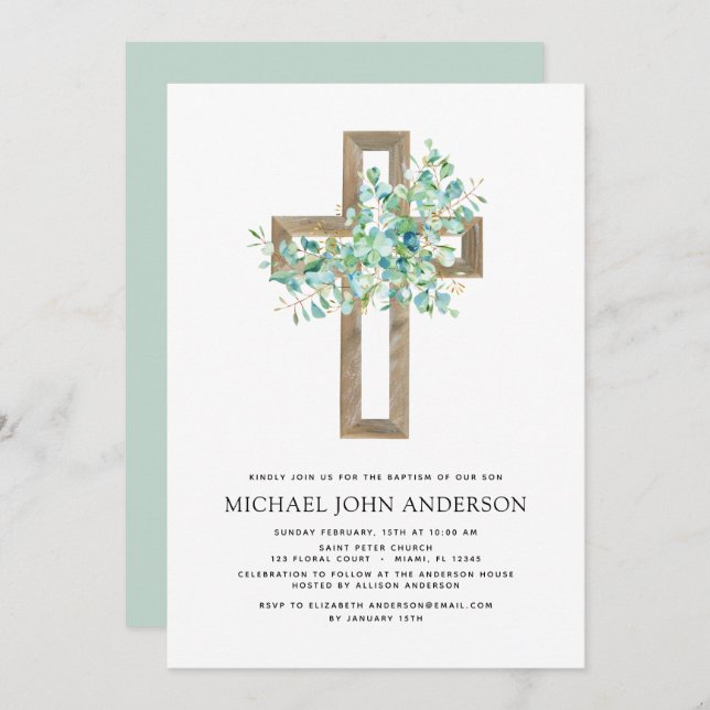 Baptism Greenery Sage Eucalyptus Gold Cross Invita Invitation (Front/Back)