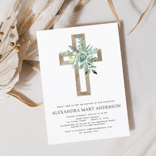 Baptism Greenery Sage Eucalyptus Gold Cross Invitation