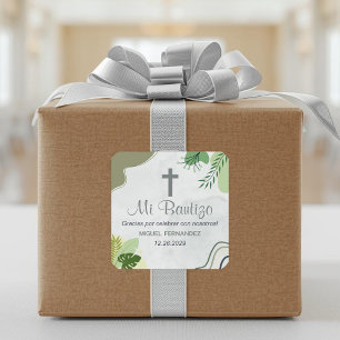 Baptism in Spanish Bautismo Boho Green Leaves Square Sticker