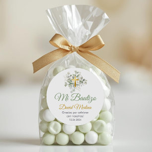 Baptism in Spanish Bautismo Cute Green Leaves Classic Round Sticker