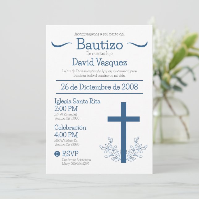 Baptism in Spanish Cute Bautizo Cross and Leaves I Invitation (Standing Front)