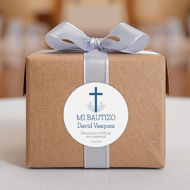 Baptism in Spanish Simple Bautizo Cross and Leaves Classic Round Sticker (Creator Uploaded)
