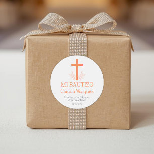 Baptism in Spanish Simple Bautizo Cross and Leaves Classic Round Sticker