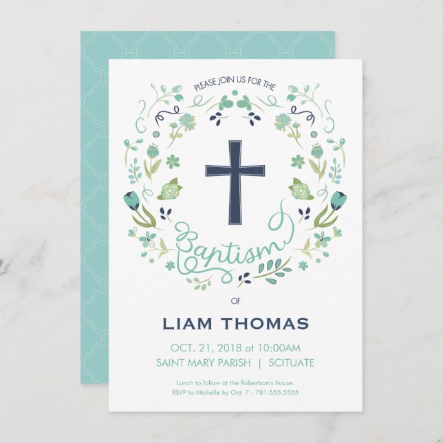 Baptism Invitation - Boy - Customise - with Cross (Front/Back)