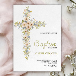 Baptism invitation card featuring a floral cross 