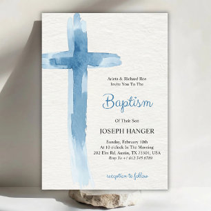 Baptism invitation card featuring blue cross