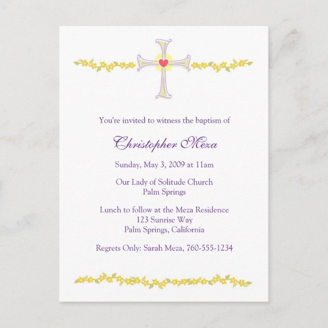 Baptism Invitation, Cross with Heart Invitation Postcard (Front)