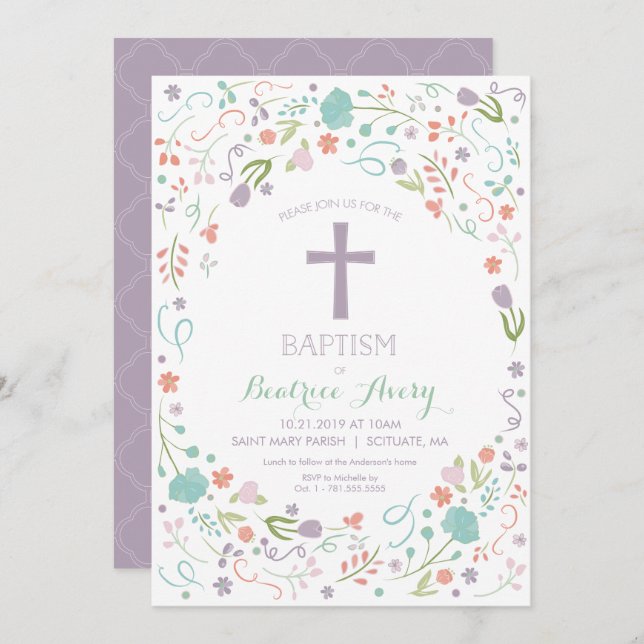Baptism Invitation - Customise, Flowers, Cross (Front/Back)
