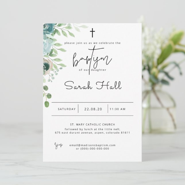 Baptism Invitation Dusty Blue (Standing Front)