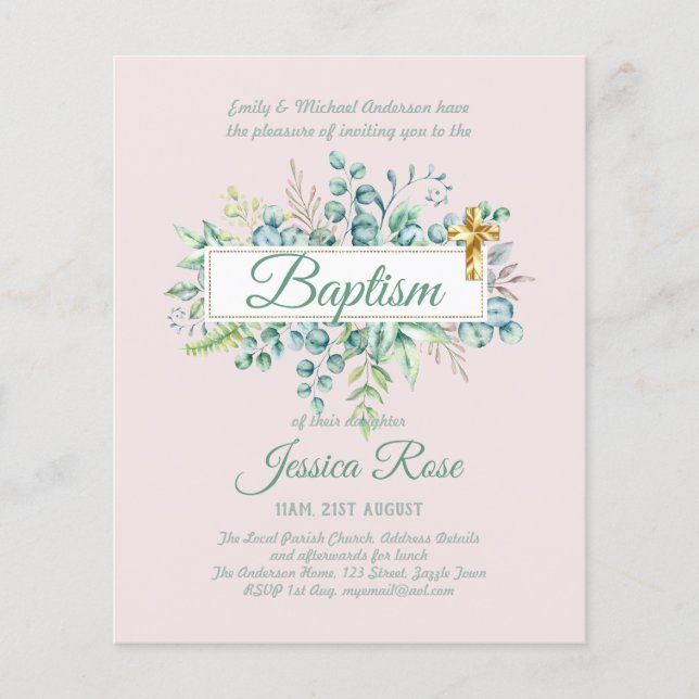 Baptism Invitation Eucalyptus Greenery BUDGET (Front)