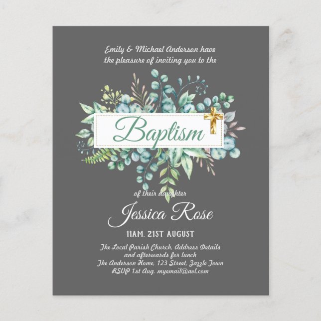 Baptism Invitation Eucalyptus Greenery BUDGET (Front)