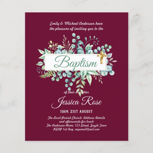 Baptism Invitation Eucalyptus Greenery BUDGET (Front)