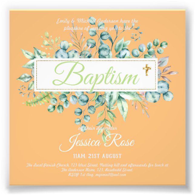 Baptism Invitation Eucalyptus Greenery BUDGET Photo Print (Front)