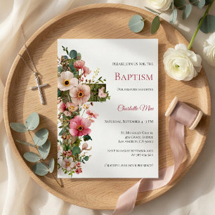 Baptism Invitation Floral Cross Watercolor