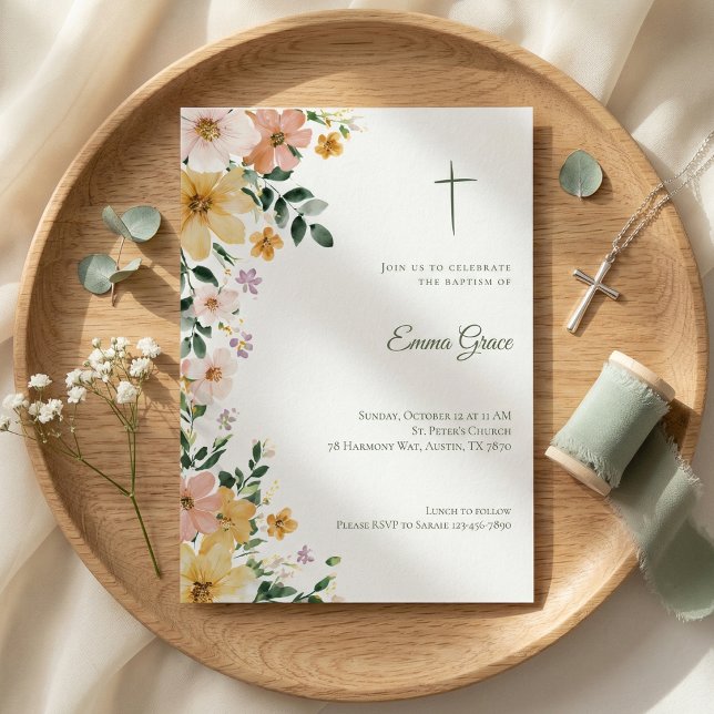 Baptism Invitation Floral Cross Watercolor (Creator Uploaded)