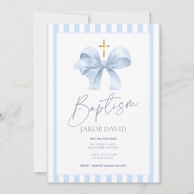 Baptism Invitation for Boy, Blue Bow & Striped (Front)