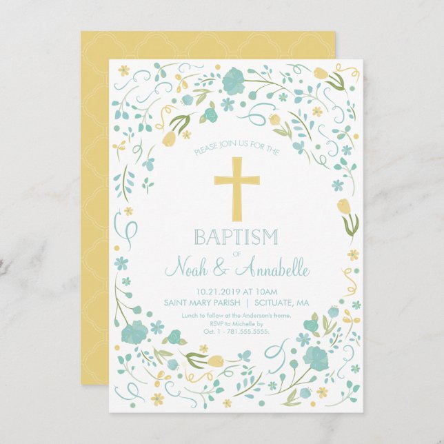 Baptism Invitation - Gender Neutral Cross, Flowers (Front/Back)
