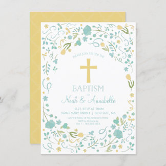 Baptism Invitation - Gender Neutral Cross, Flowers
