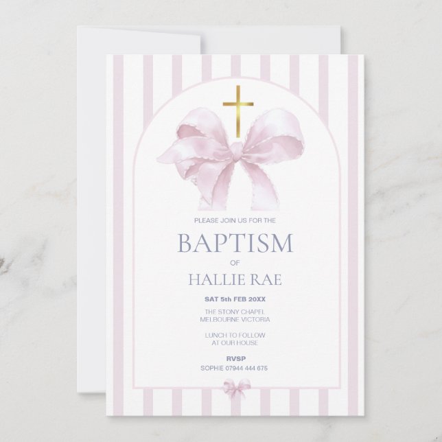 Baptism Invitation Girl, Modern Pink Bow & Striped (Front)