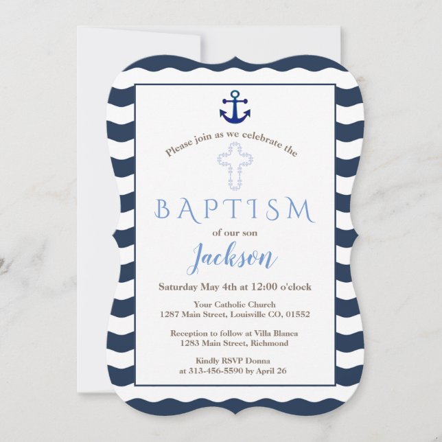 Baptism Invitation | Nautical Navy Waves Anchor (Front)