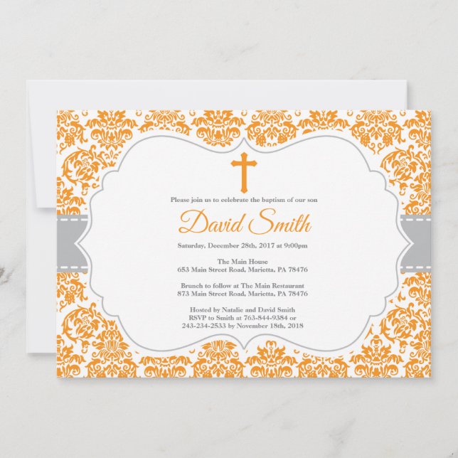 Baptism Invitation Orange and Grey Damask (Front)