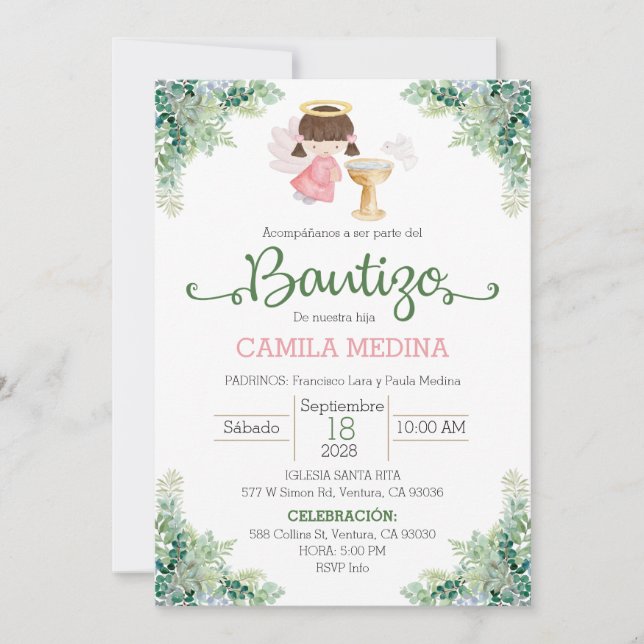 Baptism Invitation Spanish Girl Greenery (Front)