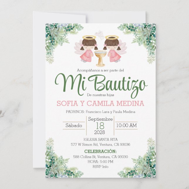 Baptism Invitation Spanish two Girls twins sisters (Front)