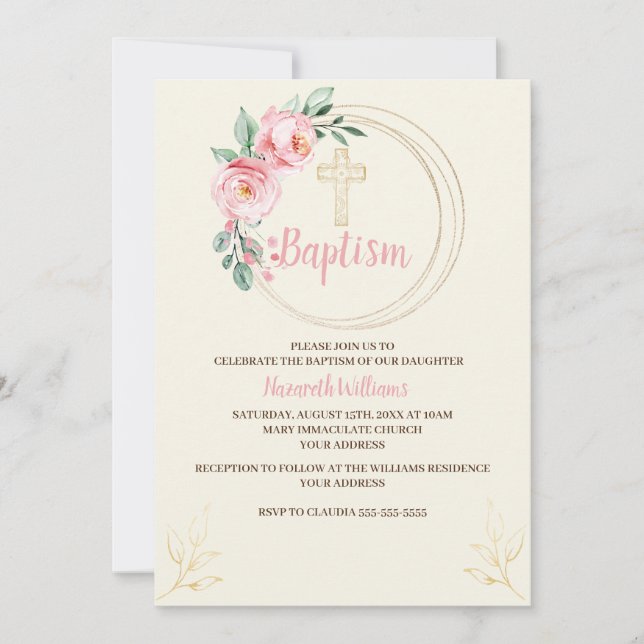 Baptism Invitation Template, Blush Pink Floral (Front)