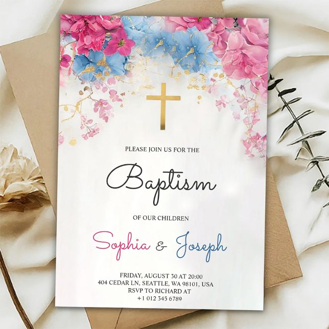  Baptism Invitation with blue floral a gold cross (Creator Uploaded)