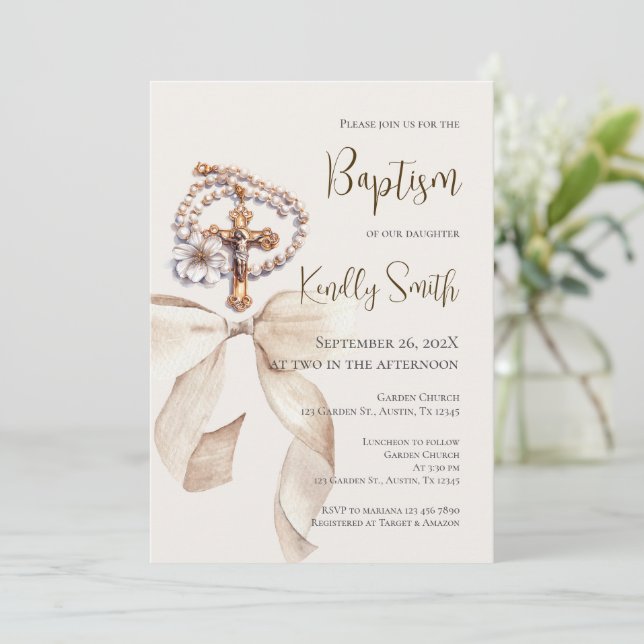 Baptism invitation with bow and rosary (Standing Front)
