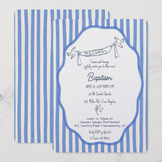 Baptism invitation with doves blue pinstripes