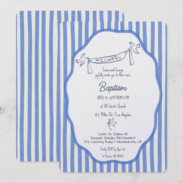 Baptism invitation with doves blue pinstripes (Front/Back)