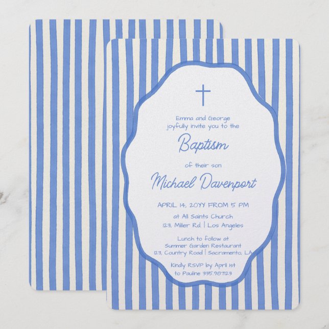 Baptism invitation with fancy blue pinstripes (Front/Back)
