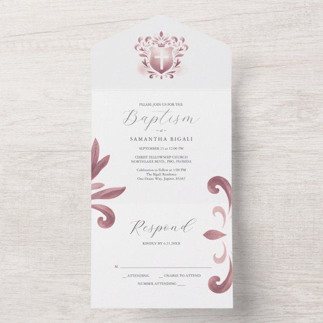 Baptism Invitations and RSVP Card Dusty Pink Crest (Inside)