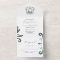 Baptism Invitations and RSVP Card Sage Green Crest