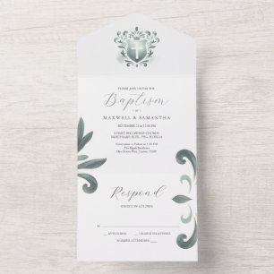 Baptism Invitations and RSVP Card Sage Green Crest