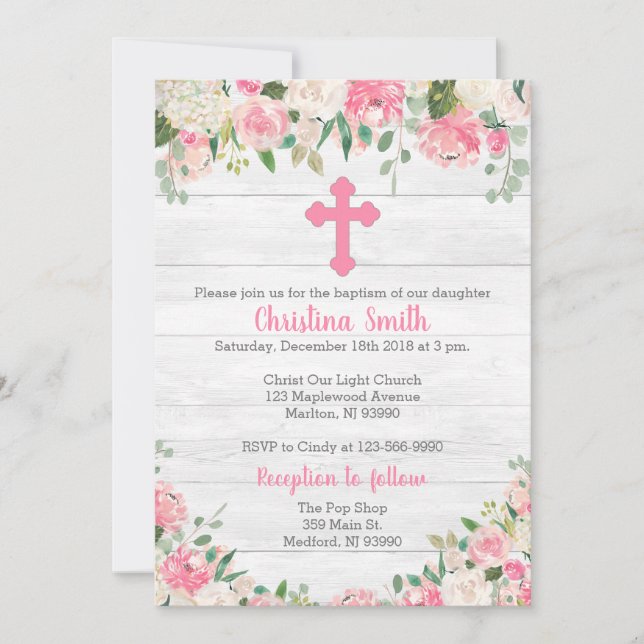 Baptism Invitations for a Girl - Watercolor Flower (Front)