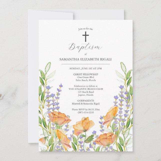 Baptism Invitations Godparents Names Floral (Front)
