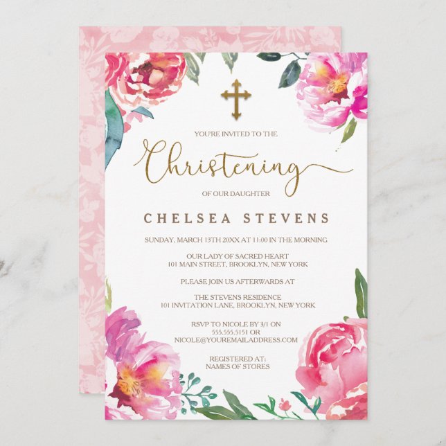 Baptism Invitations | Pink Peonies (Front/Back)