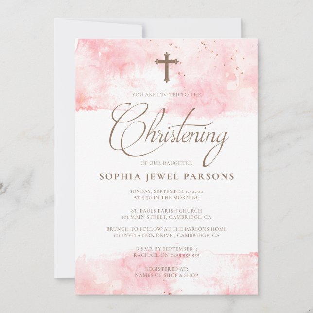 Baptism Invitations | Pink Splash & Gold Glitter (Front)