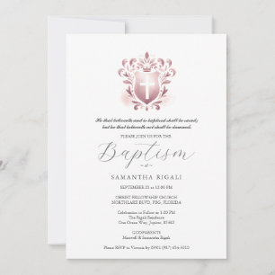 Baptism Invitations Religious Dusty Rose Crest