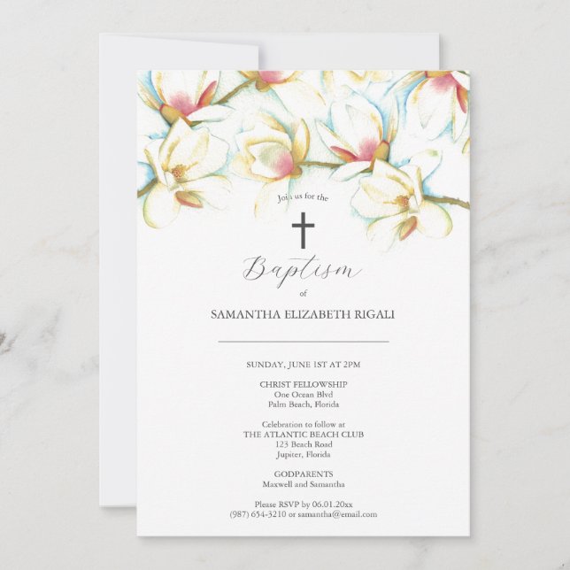 Baptism Invitations Watercolor Flowers Godparents  (Front)