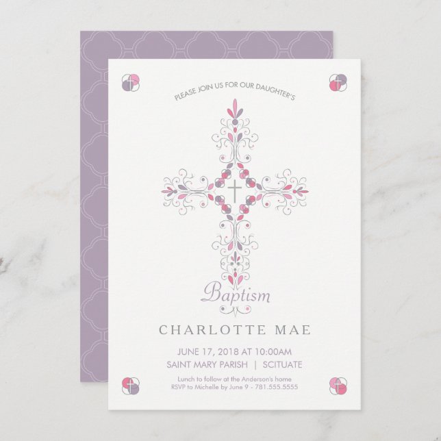 Baptism Invite - Pretty Invitation, Girl (Front/Back)