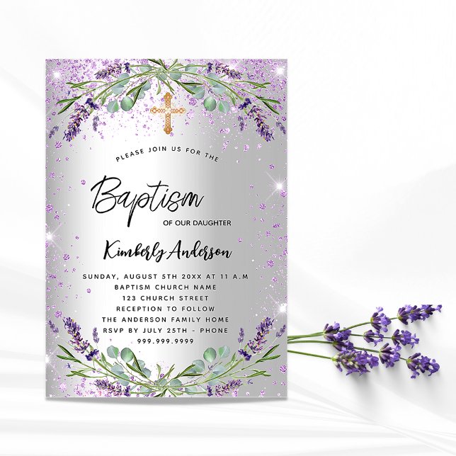 Baptism lavender silver violet sparkles luxury invitation (Creator Uploaded)