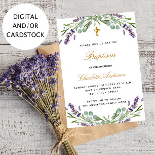 Baptism lavender violet floral eucalyptus greenery invitation