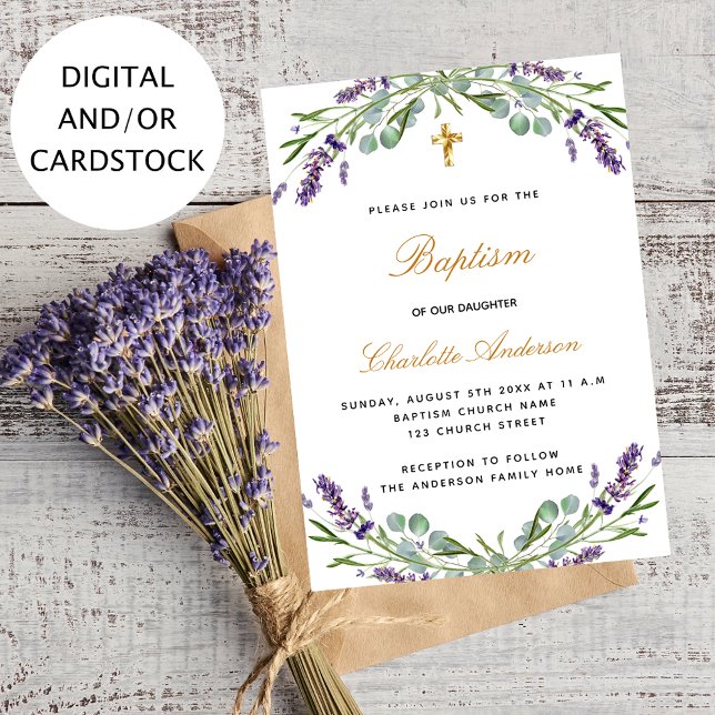 Baptism lavender violet floral eucalyptus greenery invitation (Creator Uploaded)