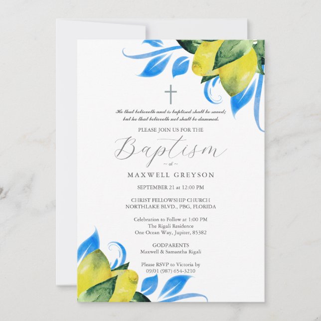 Baptism Lemon Foliage Religious Italian Blue Invitation (Front)